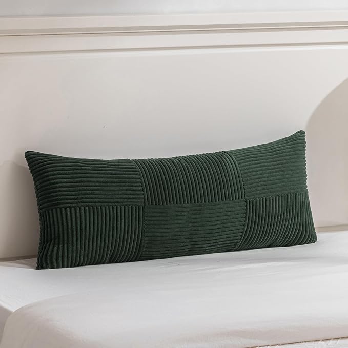 Fancy Homi Set of 1 Dark Green Boho Long Lumbar Body Decorative Throw Pillow Cover 21x54 Inch for Bed Couch Bedroom Bench, Soft Patchwork Corduroy Textured Pillow Case, Rustic Farmhouse Room Decor