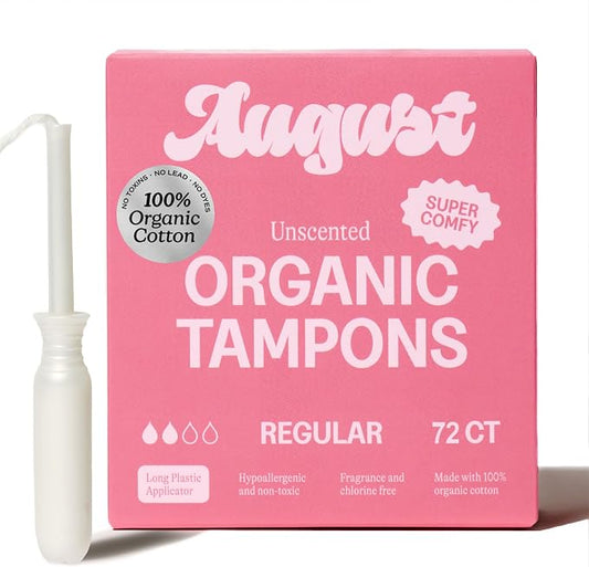 August Regular Tampons - Easy-Glide Long Applicators - 72-Pack 100% Organic Cotton Tampons for Women, Non-Toxic, Fragrance-Free, and Hypoallergenic (3 Boxes of 24)