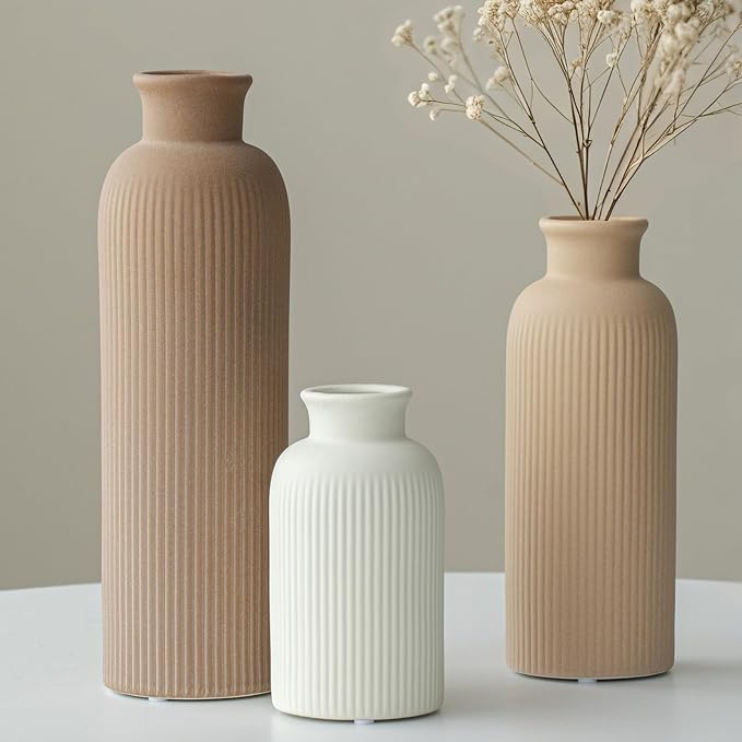 Modern Ceramic Vase Set, Earth Tone Natural Color Ribbed Matte Design, 3-Piece Decorative Vases for Home, Living Room, Office (Coffee Mix)