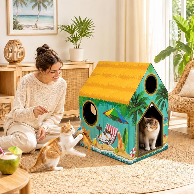 Cinrobiye Cardboard Cat House with Scratcher, Indoor Cat Condo Cat Cave Hideout with Scratch Pad, Cardboard Cat Playhouse Bed for Cats, Kittens, Rabbits & Small Pets (Beach)