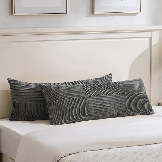 Fancy Homi Set of 1 Dark Gray Boho Long Lumbar Body Decorative Throw Pillow Cover 21x54 Inch for Bed Couch Bedroom Bench, Soft Patchwork Corduroy Textured Pillow Case, Rustic Farmhouse Room Decor