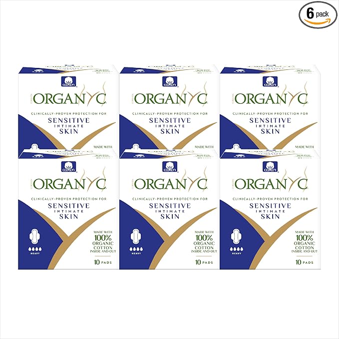 Organyc 100% Certified Organic Cotton Feminine Pads with Wings, Heavy Flow/Absorbency, 10 Count (Pack of 6)