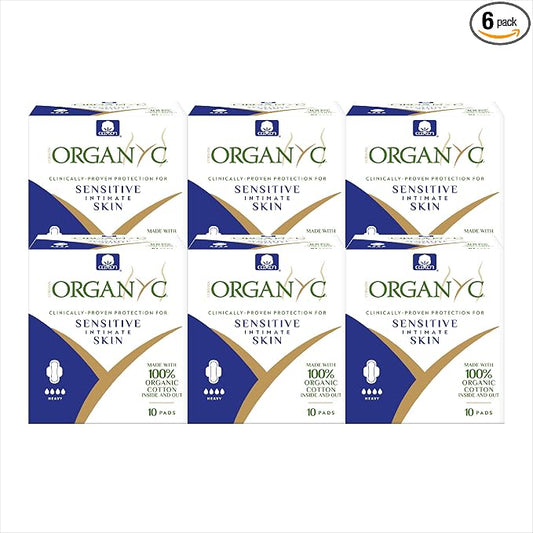 Organyc 100% Certified Organic Cotton Feminine Pads with Wings, Heavy Flow/Absorbency, 10 Count (Pack of 6)