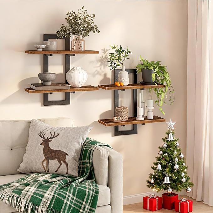 HOOBRO Floating Shelves for Wall, 15" Wall Shelf Set of 2, Wall Mounted Storage Shelves 2-Tier, Hanging Bathroom Shelves, for Living Room, Bedroom, Bathroom, Kitchen, Rustic Brown and Black BF32BJ01G1