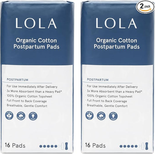 LOLA Organic Cotton Postpartum Pads - Max Absorbency Pads for Postpartum Bleeding - Extra-Long Overnight Liners for Women - Hospital Bag Essentials - 32 Count, Unscented