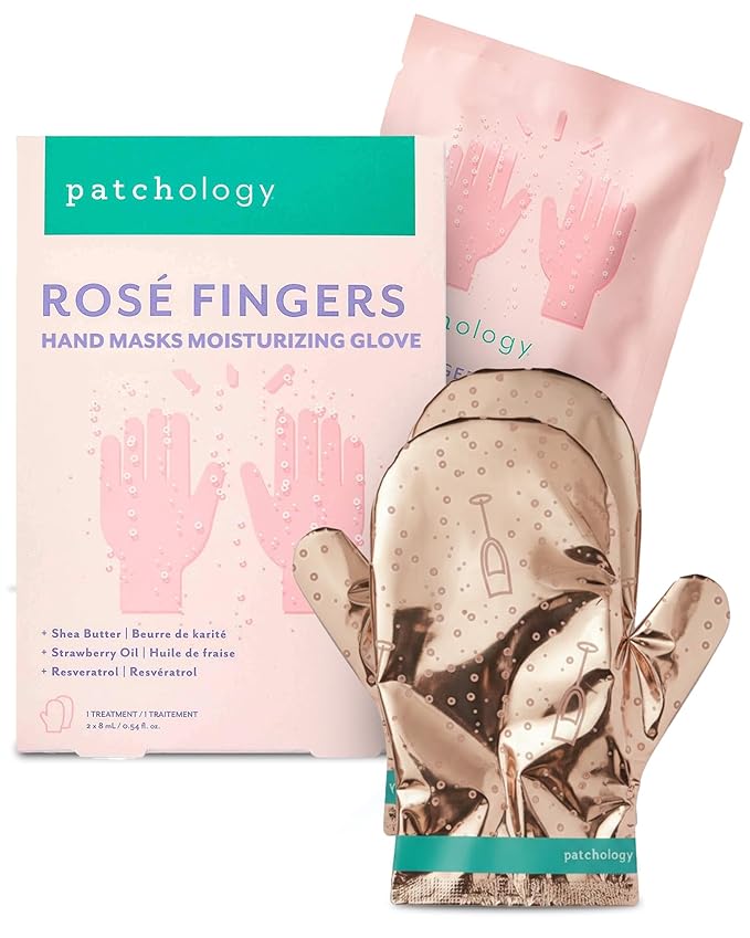 Patchology Rosé Fingers Renewing Hand Mask, Strawberry-Scented Moisturizing Gloves with Shea Butter for Dry and Cracked Hands, Christmas Gifts for Women & Stocking Stuffers for Teen Girls (1 Pair)