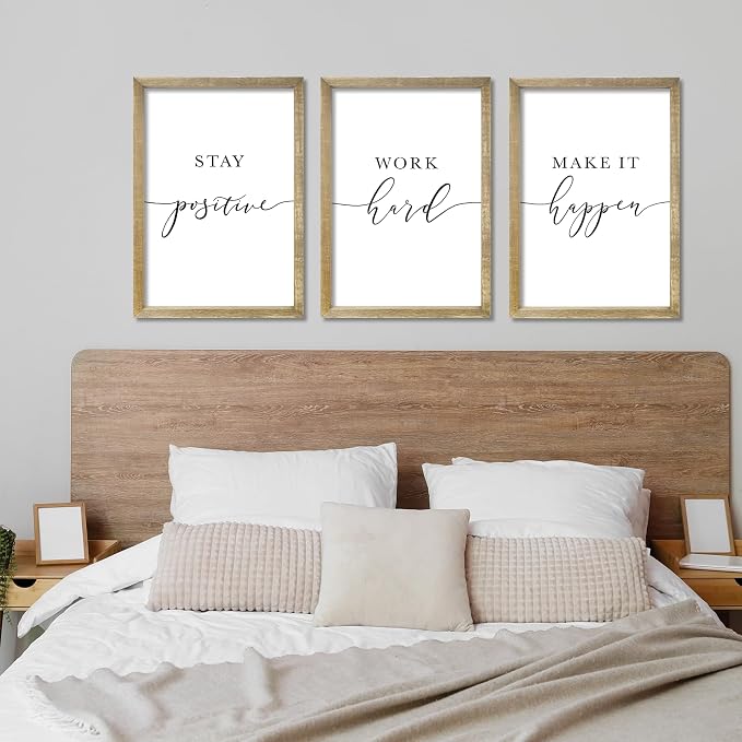 RLWangChao Inspirational Quotes Wall Art Decor 3 Piece 11"X16" Wood | Modern Office, Stay Positive Work Hard Make It Happen Motivational, Framed Sign, Living Room Positive Wall Hanging