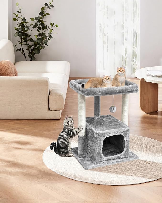 SYANDLVY 27IN Cat Tree for Indoor Cats Large Adult, Modern Activity Tower | Scratching Posts, Condo with Plush Perch, Climbing Stand with Spring Ball for Play, Grey