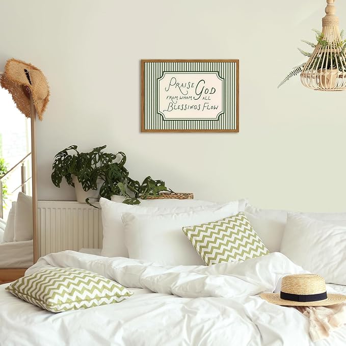 Framed Christian Scripture Wall Art, Bible Verse Pictures Wall Decor, Sage Green Striped Praise God From Whom All Blessings Flow Paintings Canvas Prints Religious Home Decor for Living Room 12x16 inch