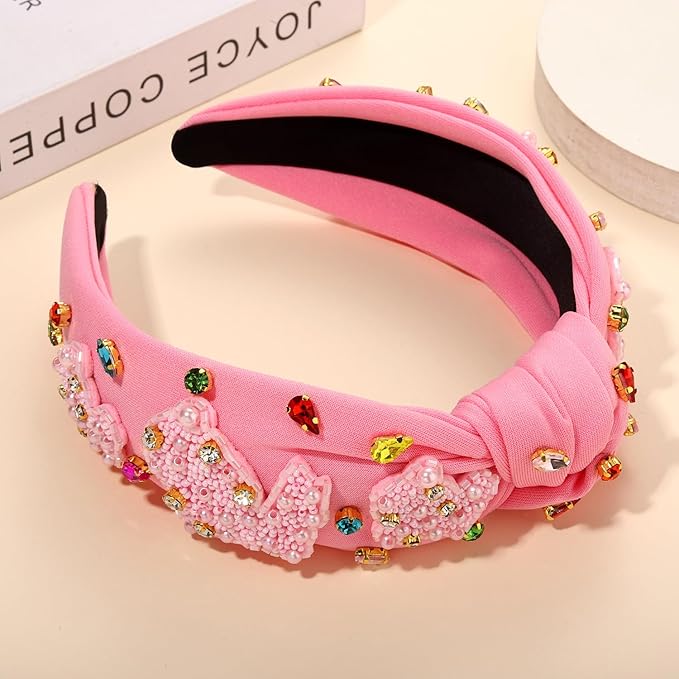 mokkia Easter Headbands Beaded Rabbit Bunny Headband for Women Pink Spring Knotted Headband Easter Hair Accessories Gifts
