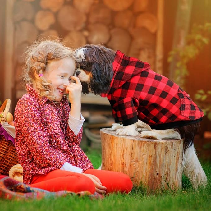 Red Plaid Dog Hoodie Sweater for Dogs Pet Clothes with Hat and Pocket（XS）
