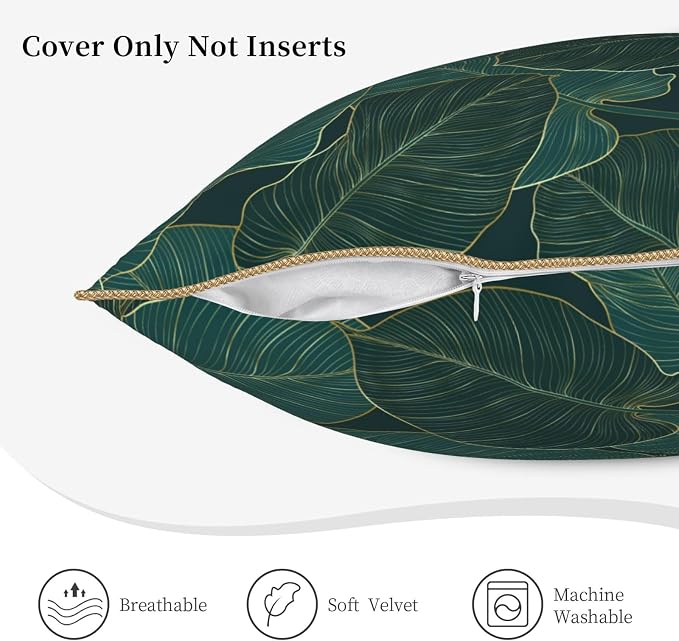 Green Gold Leaf Velvet Pillow Covers 18x18 Inch Minimalist Tropical Palm Leaves Throw Pillows for Couch Farmhouse Cushion Covers Pillowcase Plant Botanical Pillow Cases for Sofa Bed Outdoor Decor