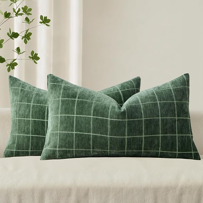 MIULEE Moss Green Plaid Decorative Lumbar Pillow Covers 12x20 Set of 2 | Vintage, Check Chenille Couch Pillows, Neutral Boho Farmhouse Cushion Covers, Modern Home Decor for Sofa Bed Living Room