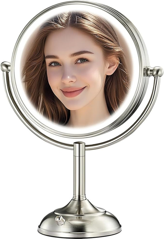 VESAUR 9.1" Large 5000mAh Rechargeable Lighted Makeup Mirror Nickel, 1X/10X/20X HD Magnifying with Compact Suction Mirror, 3 Color Dimmable Light, 360°Swivel Seamless Vanity Mirror, Gift Box