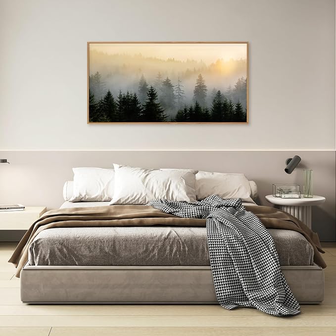 FWIEXA Misty Forest Wall Art Set Framed, Large Mountains Canvas Wall Decor, Green Nature Wall Painting, Foggy Tree Landscape Artwork 20x40 Inches for Living Room, Bedroom, Office, Gift
