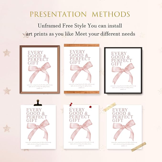 LARTSFRO Coquette Pink Bow Wall Art Decor Posters, Blush Pink Bow Room Bedroom Bathroom Dorm Wall Art Decor Aesthetic for College Teen Girls Gifts, Inspirational Bible Verses Bow Wall Decor, 10x8 Inch Set of 4 Pcs Bow Pictures (UNFRAMED)