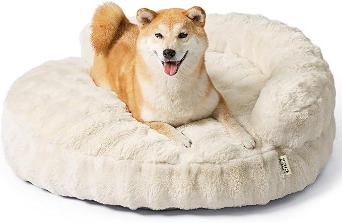 EHEYCIGA Soft Dog Couch Bed for Large Dog, Fluffy Medium Dog Bed with Removable Washable Cover, Bolster Pet Sofa, Waterproof and Non-Slip, 36" x 36"x 9", Cream