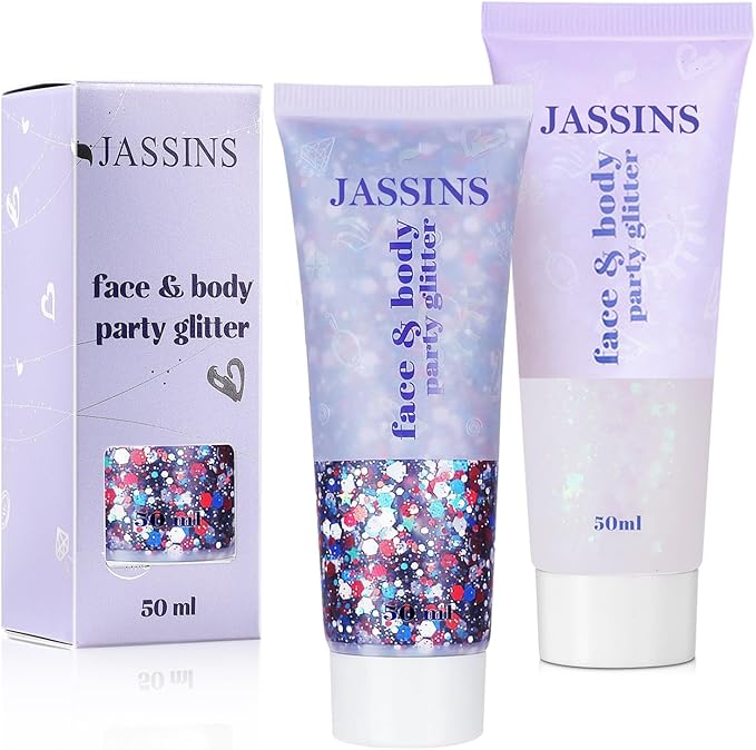 JASSINS 2PCS Body Glitter, 100ml Patriotic Pride Face Glitter Gel, 4th of July Outfits for Women Girls Kids, Glitter Makeup Tween Gifts, Festival Rave Accessories, Chunky Sequins Glitter