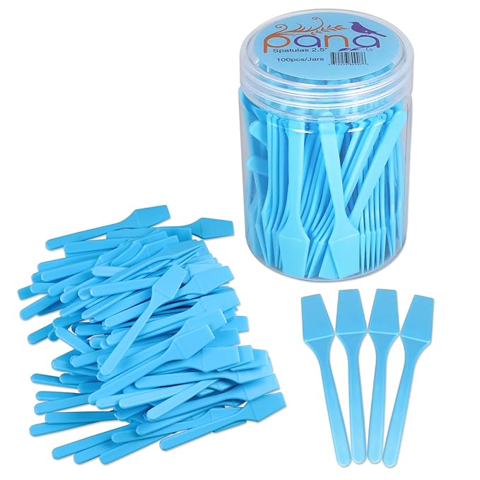 pana Brand Cosmetic Make Up Disposable Plastic 2.5Inch Spatulas Skin Care Facial Cream Mask Spatula (100 Pieces in a Container) (BLUE)