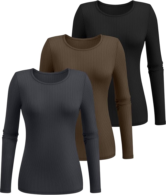Ficerd 3 Pack Women's Ribbed Long Sleeve Tops, Crew Neck Slim Fit Undershirts Knit Basic Casual Stretch Layering Tee Shirts