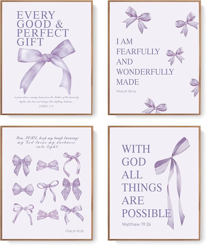 LARTSFRO Coquette Purple Bow Wall Art Decor Posters, Purple Bow Christian Room Bedroom Bathroom Dorm Wall Art Decor for College Teen Girls Kids Gifts, Inspirational Bible Verses Bow Wall Decor, 10x8 Inch Set of 4 Pcs Bow Pictures (UNFRAMED)