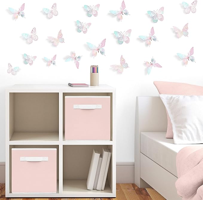SAOROPEB 3D Butterfly Wall Decor 48 Pcs Laser Pink Butterfly Decorations | 4 Styles 3 Sizes, Birthday Decorations Butterfly Party Decorations Cake Decorations, Removable Stickers