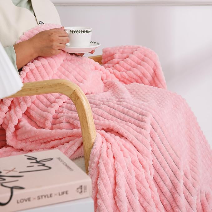 Puncuntex Fleece Throw Blanket Light Pink 50"×70" with Square Grid Design | Super Soft Plush Cozy Flannel Throw Blanket Luxury for Couch Sofa Chair
