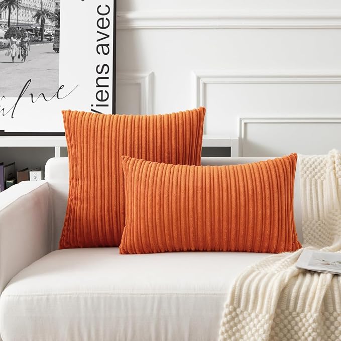 UGASA Fall 12x24 Inch Pillow Cover Pack of 1 Soft Boho Stripe Corduroy Long Rectangle Lumbar Cushion Case Farmhouse Decorative Throw Pilowcase for Bed, Couch, Sofa, Bedroom, Living Room, Dark Orange