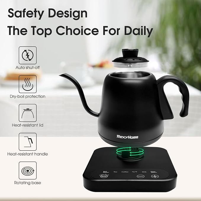 Gooseneck Electric Kettle Temperature Control: ±1℉ Precision, 316L Stainless Steel Inner, Pour Over Kettle for Coffee & Tea, 1000W Quick Heating, Auto Shut-Off & Boil-Dry Protection, 0.8L/27oz