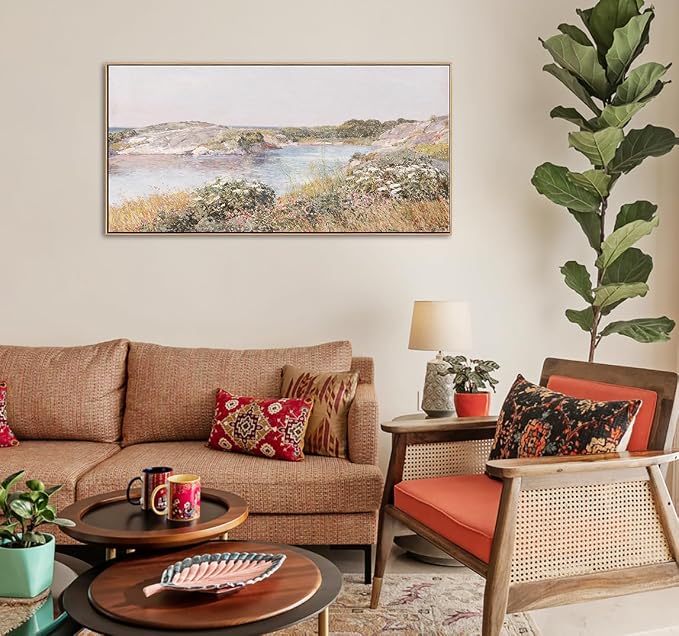 DJSYLIFE Vintage Meadow and Pond Framed Wall Art, Farmhouse Landscape | 20x40 inch Canvas Prints, Impressionist Style, Ready to Hang, Countryside Decor for Living Room, Bedroom, Above Bed