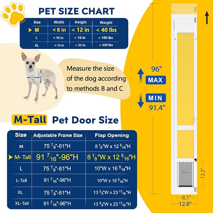 Medium Dog Door for Sliding Glass Doors, 91 7/16" to 96" Tall, 12.8" Wide, Aluminum Frame, Magnetic Seal, Perfect for Medium Pets Up to 40 lbs