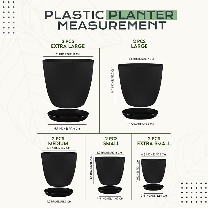Plant Pots Indoor with Drainage, 10 Pack Multi-Size Planters Set, Black | Drainage holes included Multiple sizes 7/6.6/6/5.3/4.8 In Indoor plants and flowers Durable plastic construction