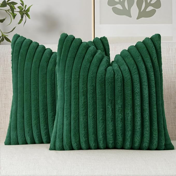 MIULEE Faux Fur Decorative Throw Pillow Covers 18x18 Set of 2 Dark Green | Modern Soft Plush Couch Pillows, Cozy Fluffy Cushion Covers for Sofa Bed Living Room Home Decor