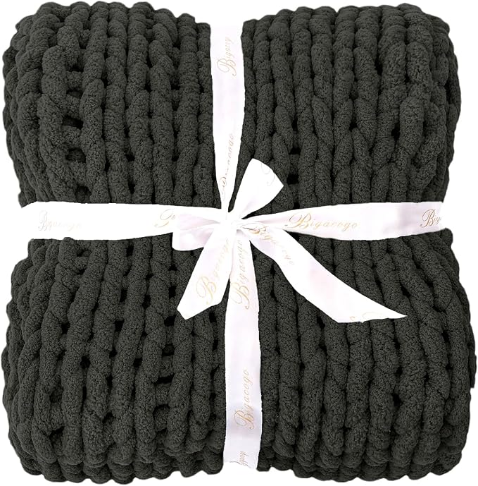 Bigacogo Chunky Knit Throw Blanket for Couch, 51x63 inches, Dark Grey | Hand Knit with Jumbo Chenille, Soft Breathable Cable Knit for Sofa Bed Living Room, Machine Washable, Gift for Mom Friend