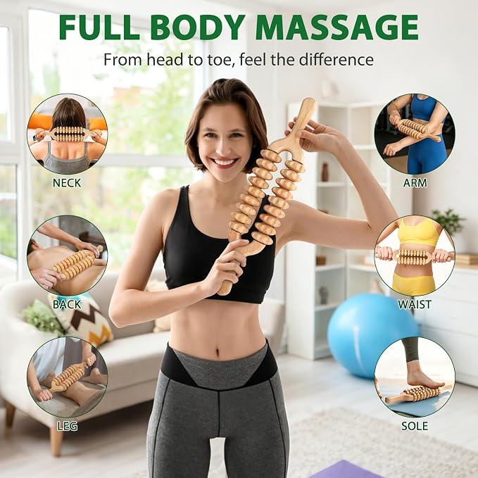 Liitrton Wood Therapy Massage Tools, Double Row Massage Roller Stick, Wooden Rollers for Massage Lymphatic Drainage Cellulite Reduction and Muscle Tension (Double-9‑Wheel)