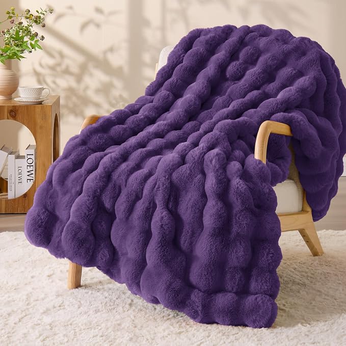 BEDELITE Faux Fur Throw Bubble Blanket for Couch, 50" x 60", Purple | 870GSM Soft Cozy Plush Blanket for Sofa & Bed Living Room Decor, Warm Fuzzy Faux Rabbit Fur for Women Gift, All Season Use