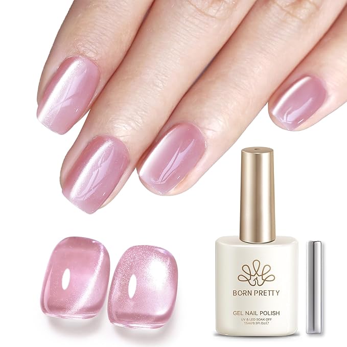 Born Pretty Pink Cat Magnetic Eye Gel Nail Polish 15ML,Jelly Glass Peach Pink Crystal Glitter Shimmer Translucent Magnetic Gel Polish with Magnet,Soak Off U V Gels for Women Girl