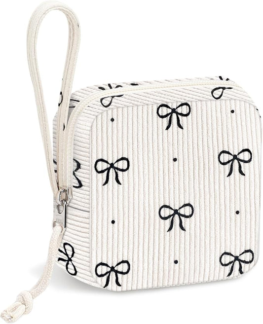 Small Makeup Bag | Discreet Period Bag Pad Pouch for Purse| Sanitary Napkin Storage & Tampon Holder for Travel (Cute black bow)