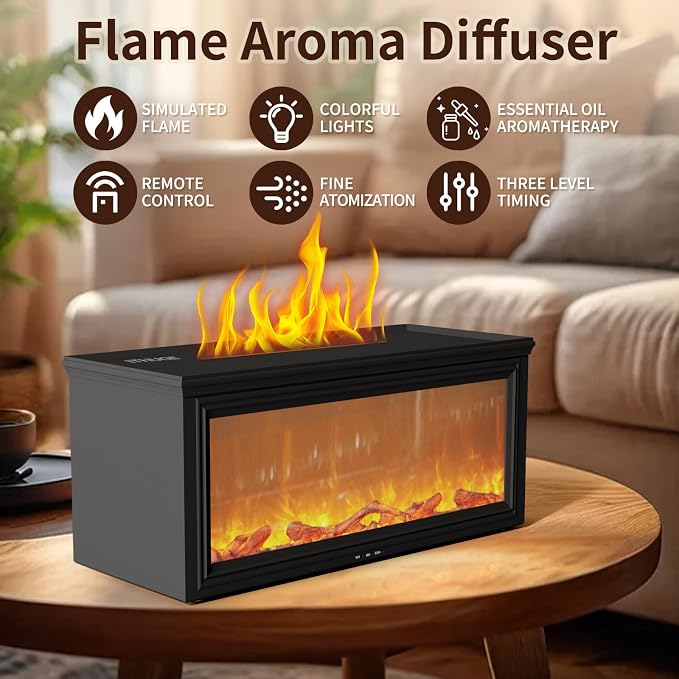 280ml Essential Oil Diffuser with 3D Flame Effect, Remote Control Aromatherapy Humidifier, 7 Color LED Lights, Ultrasonic Cool Mist for Home Bedroom Office