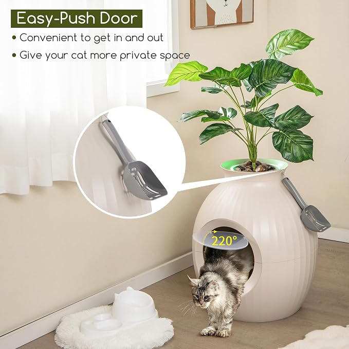 Tangkula Hidden Litter Box Plant, Cat Litter Box Enclosure Furniture with Odor Removal System, 4 Modes Lights, Artificial Plant, Pebbles, Door, Scoop, Planter Litter Box for Large Cats, Easy to Clean