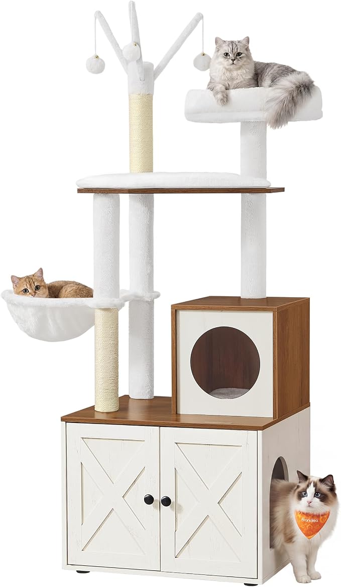 Feandrea Cat Tree with Litter Box Enclosure, 59-Inch Modern Cat Tower | 2-In-1 Condo with Scratching Posts, Washable Removable Cushion, Rustic White and Honey Brown UPCT113W201