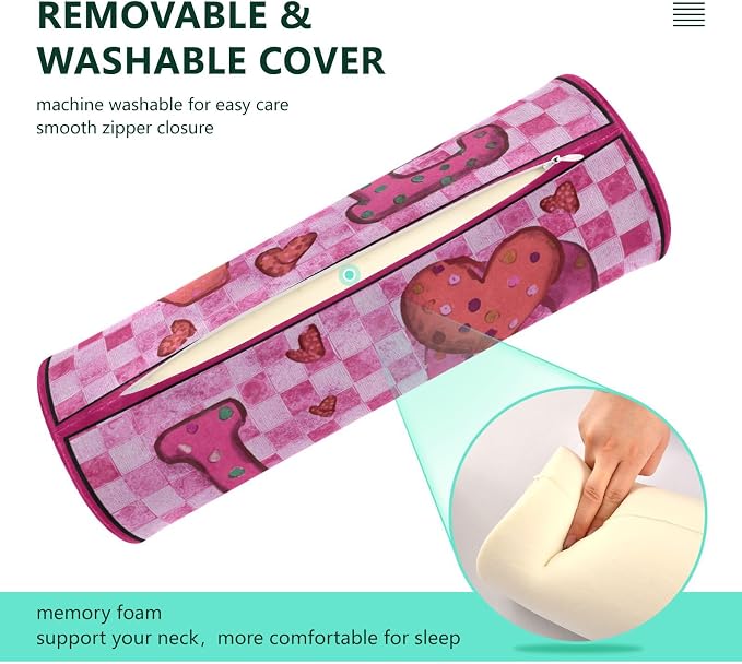 Pink Checkered Valentine Love Hearts Neck Roll Pillow Bolster Round Health Memory Foam Long Cervical Cylinder Pillows with Removable Washable Cover for Body Bed Legs Back Yoga