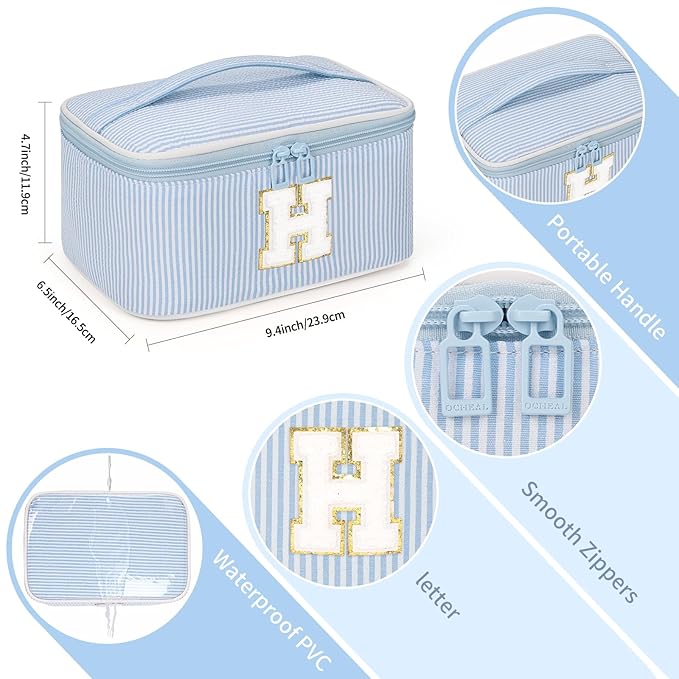 OCHEAL Makeup Bag Valentines Day Gifts for Women, Monogram Cosmetic Bag Blue Travel Makeup Case Beauty Toiletry Bag Organizer Personalized Gifts for Girls Bridesmaid, Sister, Wife, Friends Initial H