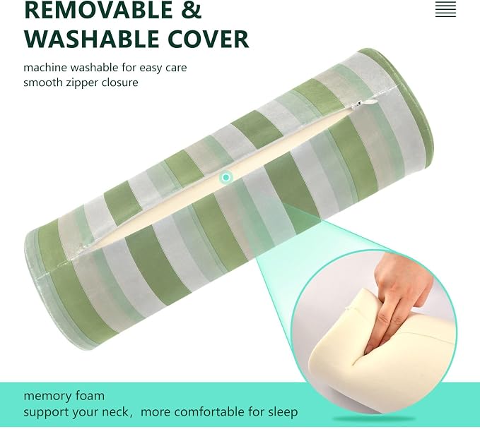 Bolster Pillows for Bed Cylinder Neck Roll Pillow Round Pillow Cases Long Cylinder Pillow Memory Foam Back Support LightGreen Stripe