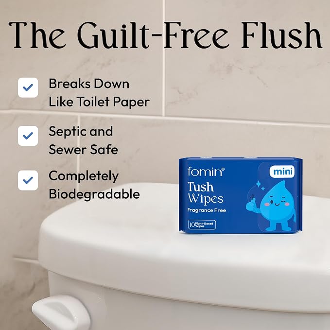 Fomin Compact Travel Flushable Wipes 30 Pack (300 Wipes Total) - Unscented Travel Size Wet Wipes for Adults - pH Balanced, Biodegradable, Plant-Based - Hypoallergenic Tush Wipes for Women & Men