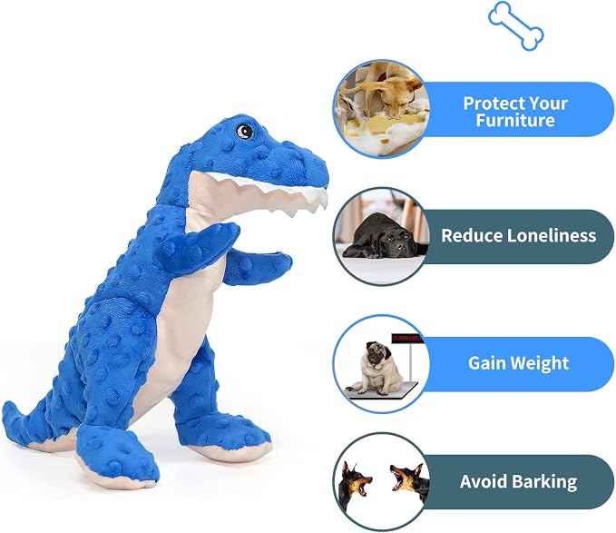 DODODOLA Dog Toys Blue Dinosaur Stuffed Squeaky Puppy Toy for Small Large Dogs