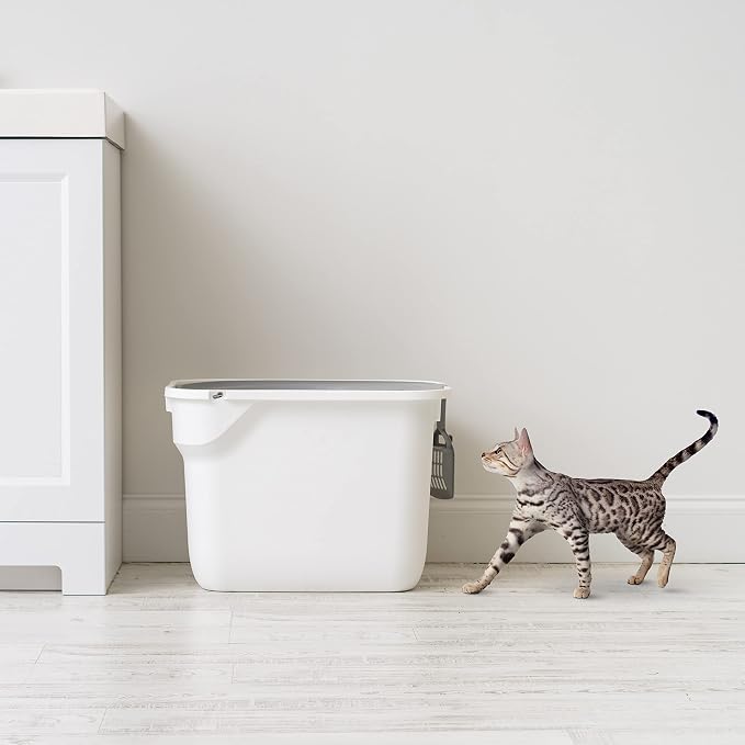 IRIS USA Large Top Entry Cat Litter Box, Hooded Privacy, White/Gray | Dog-Free Zone, Dog Proof Pan, Mess Containment System, Protected Interior, Odor Trapping, Easy Scoop Access