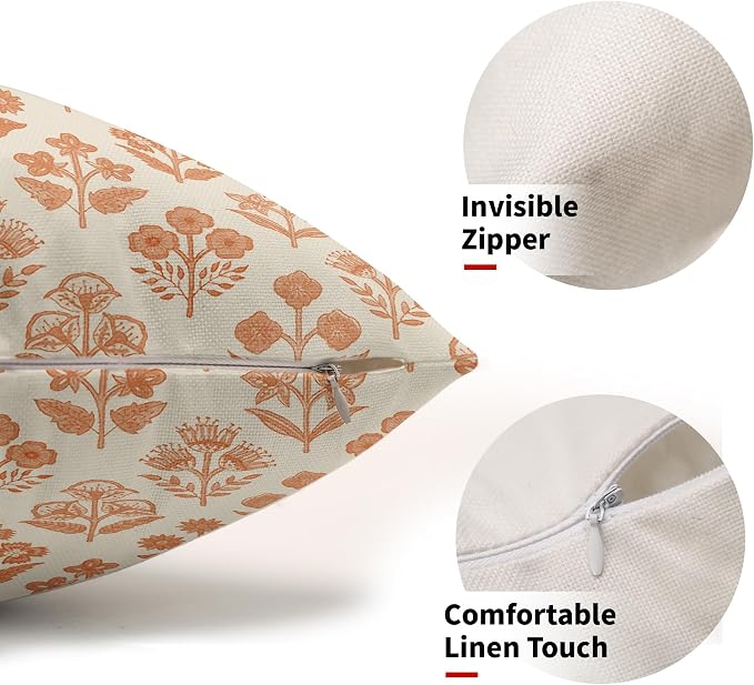 Orange Floral Pillow Covers 12x20 Inch Set of 2, Block Print Lumbar Flower Cream Decorative Throw Pillowcases Outdoor Farmhouse Rectangle Cushion Covers Spring Summer Sofa Couch Bed Decor