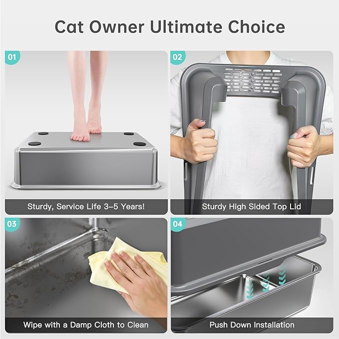 Stainless Steel Litter Box, Open Top High Sided Cat Litter Box for Big Cat | XL, 1 Scoop, Anti-Urine Leakage, Non-Stick Odor-Free, Easy Clean, High Sides Block Spray, Reduce Litter Tracking, Durable