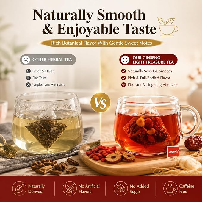 Ginseng-Infused Eight Treasure Tea Bags, Herbal Botanical Blend with Red Dates, Goji Berry & Traditional Ingredients, Naturally Sweet Daily Wellness Tea, Caffeine Free, 20 Count